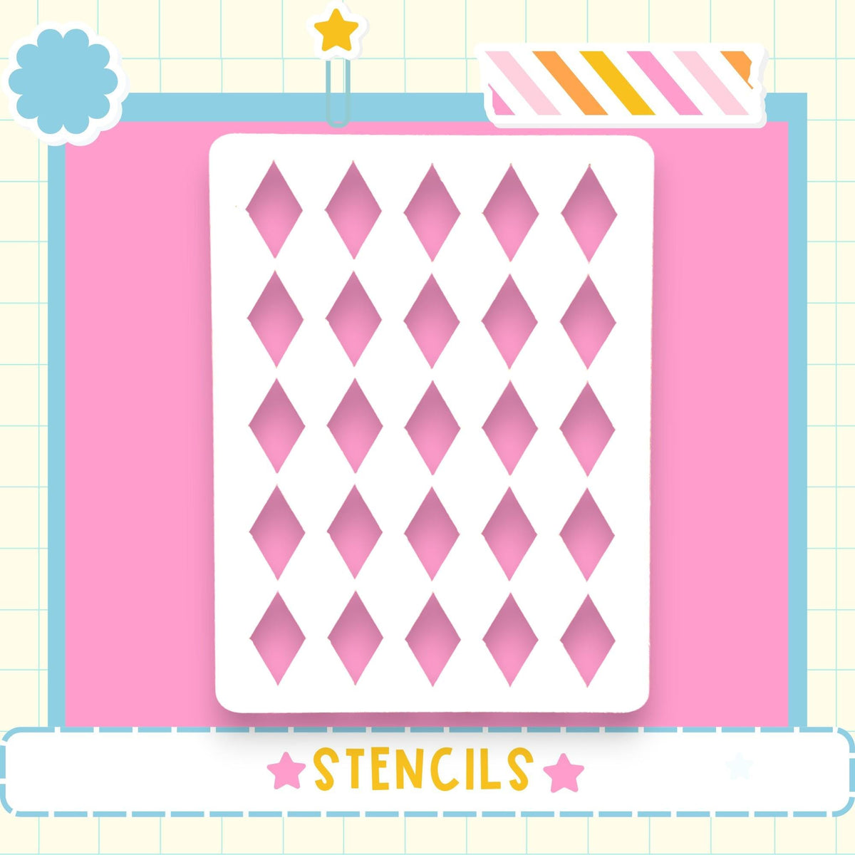 a white stencil with a diamond pattern on a pink background, surrounded by various decorative elements such as a star, a flower, and a striped border.