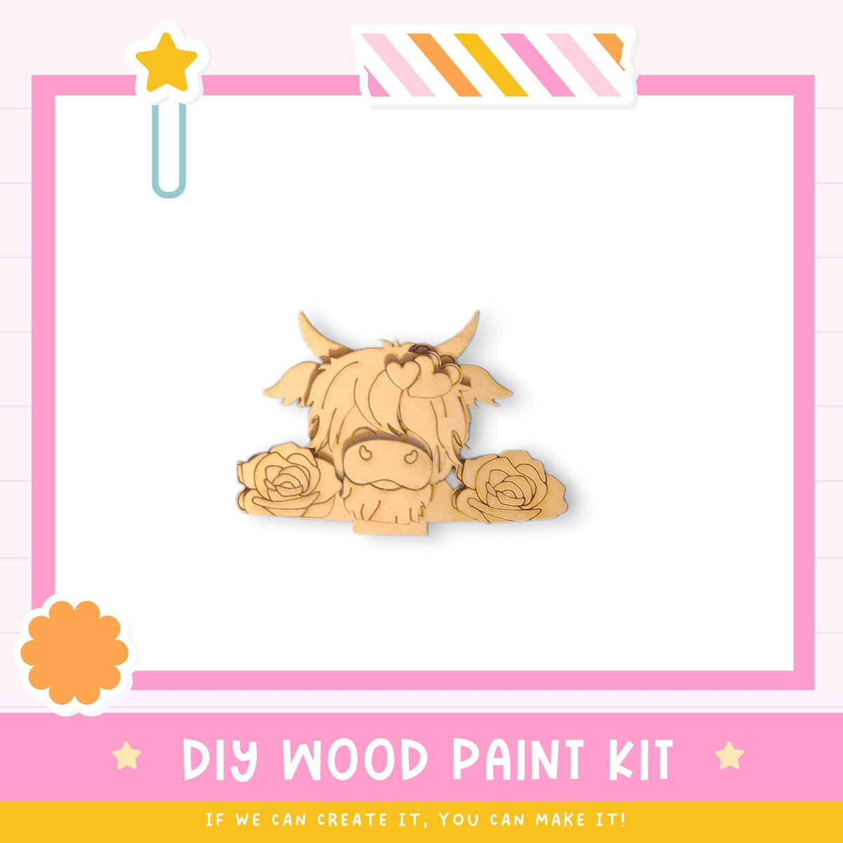 a wooden paint kit with a cute wooden cow illustration. The kit appears to be designed for children, as indicated by the text "DIY WOOD PAINT KIT" and "IF WE CAN CREATE IT, YOU CAN MAKE IT!"