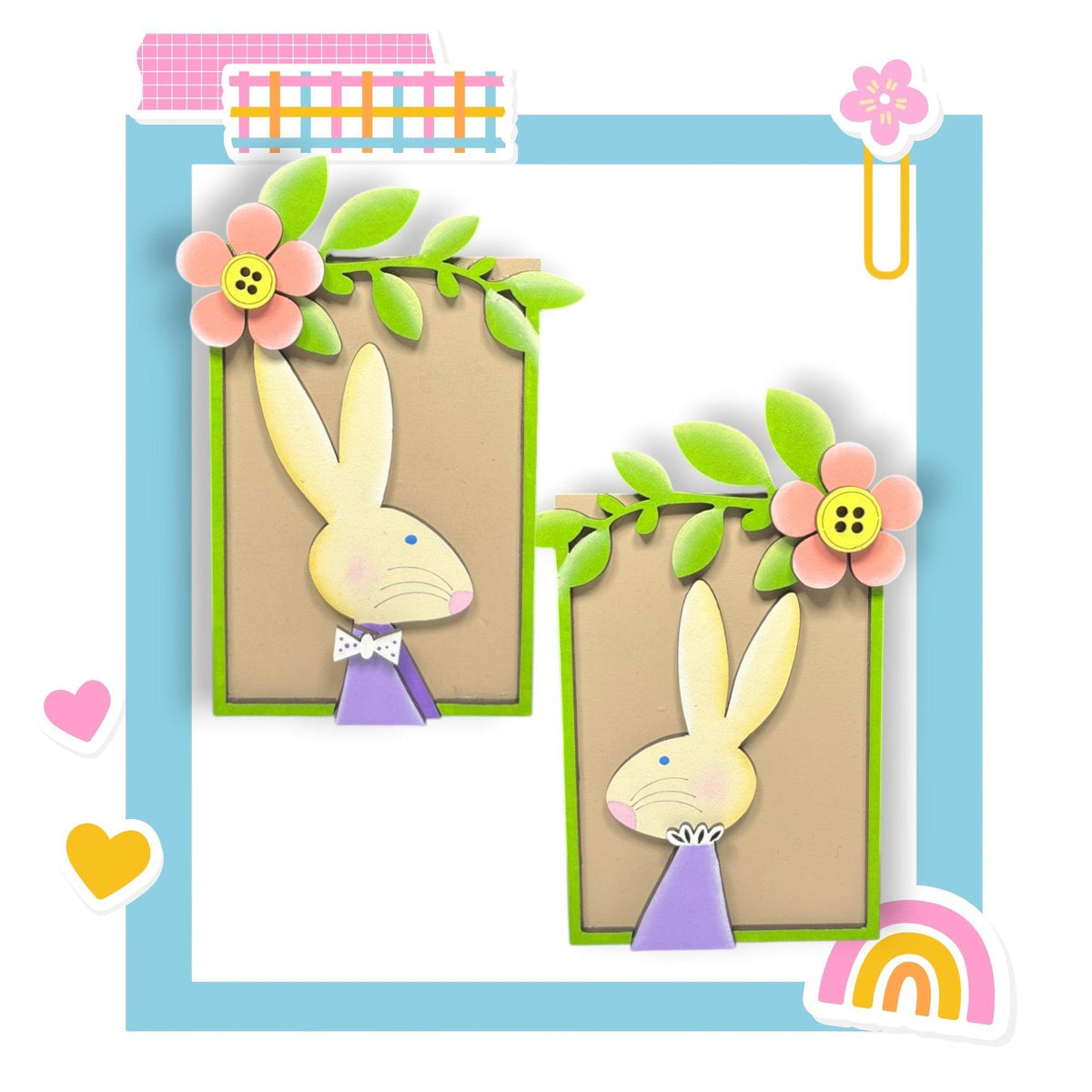 a card with a picture of a bunny and a rainbow