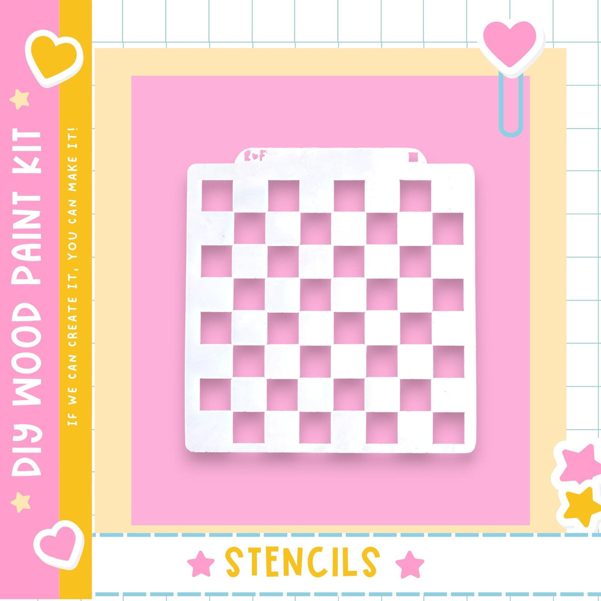 a DIY wood paint kit with a pink background and a white stencil in the center.