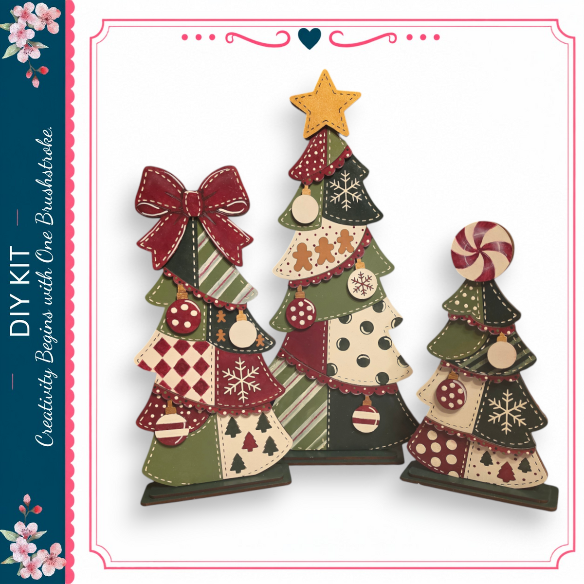 three uniquely decorated Christmas trees, each with different patterns and ornaments, creating a festive and creative display.