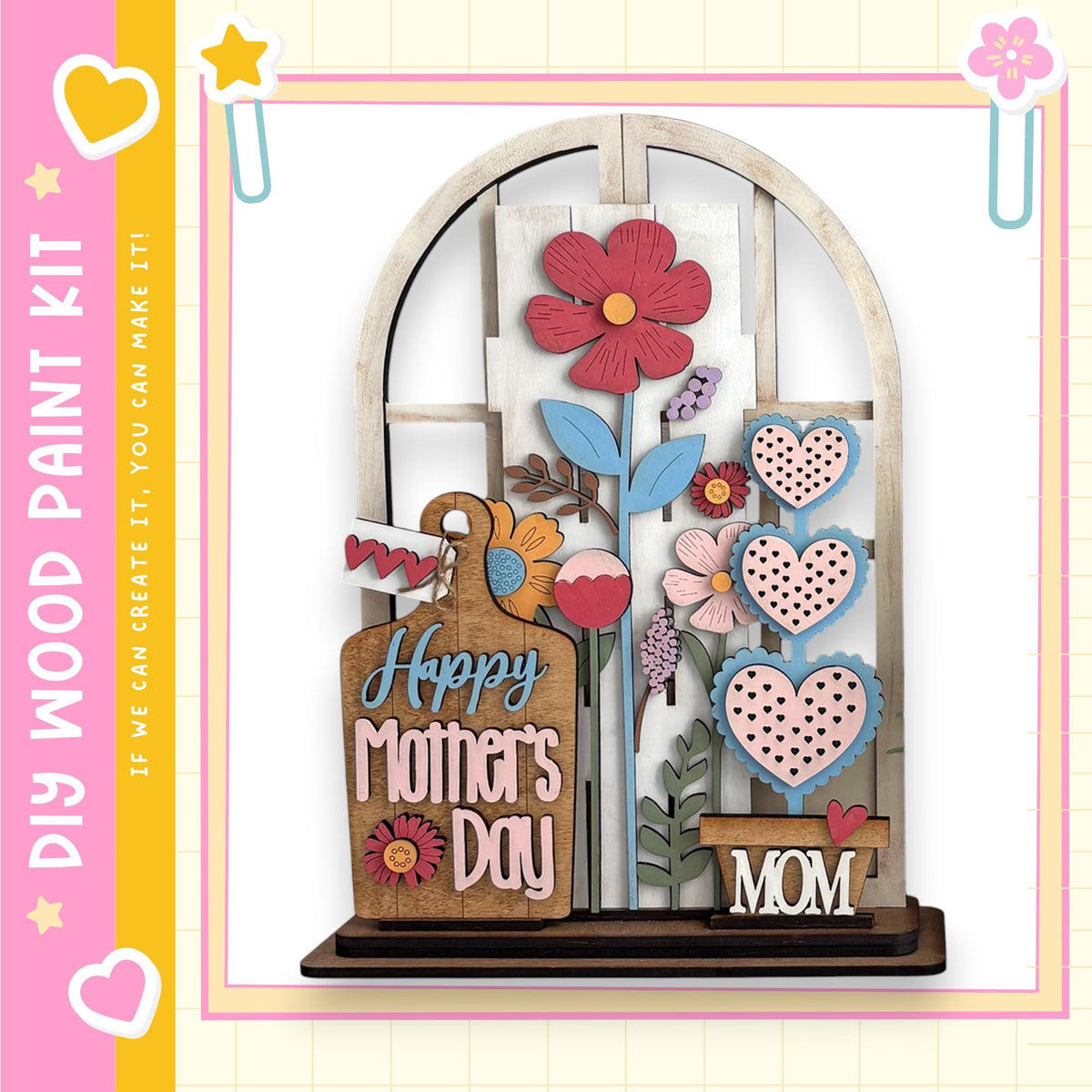 A wooden display featuring a floral arrangement and the text "Happy Mother's Day" in a decorative wooden frame.