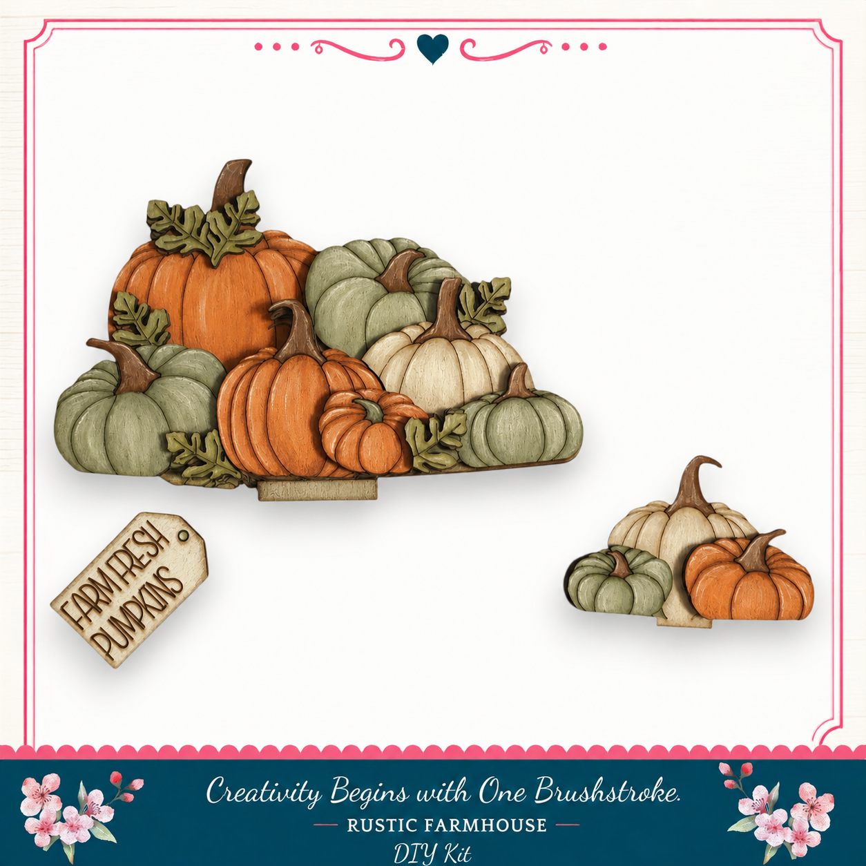 a collection of pumpkins, including orange, green, and white varieties, arranged in a visually appealing manner.