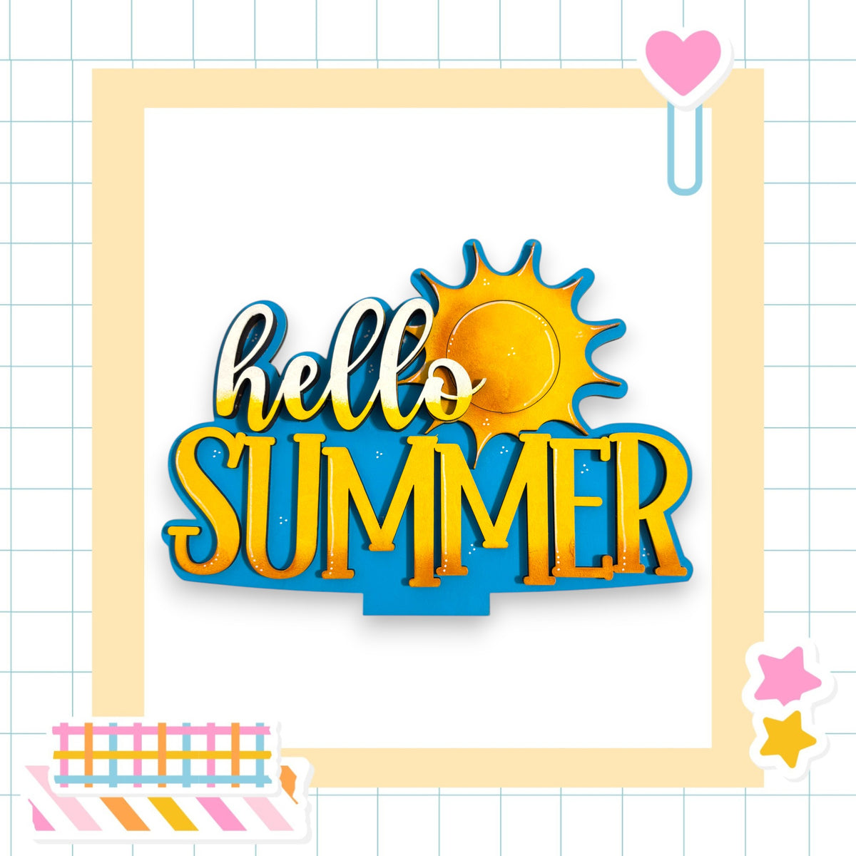 a vibrant and cheerful "Hello Summer" sign, surrounded by various summer-themed elements such as a sun, a heart, and a star.