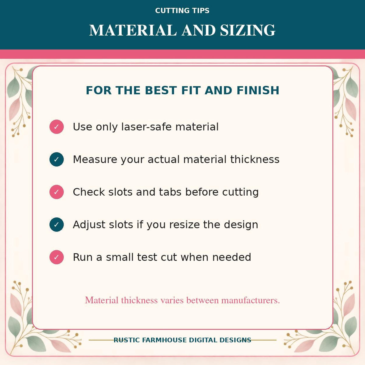a list of tips for cutting materials and sizing, providing guidance on the best practices for achieving a perfect fit and finish.