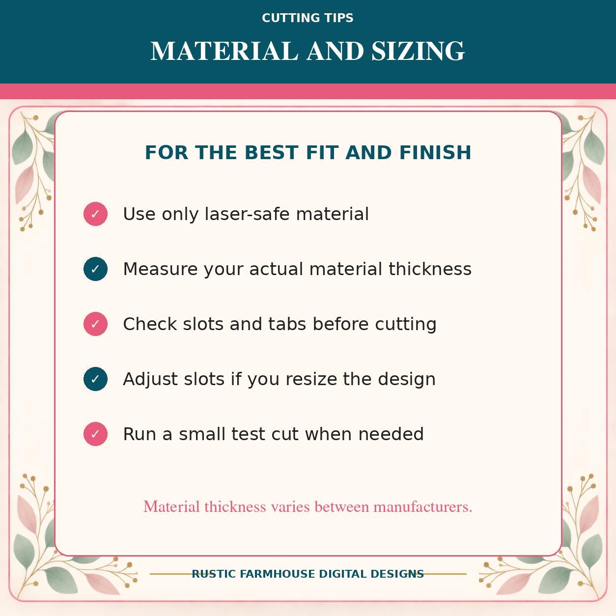 a list of tips for cutting materials and sizing, providing guidance on the best practices for achieving a perfect fit and finish.