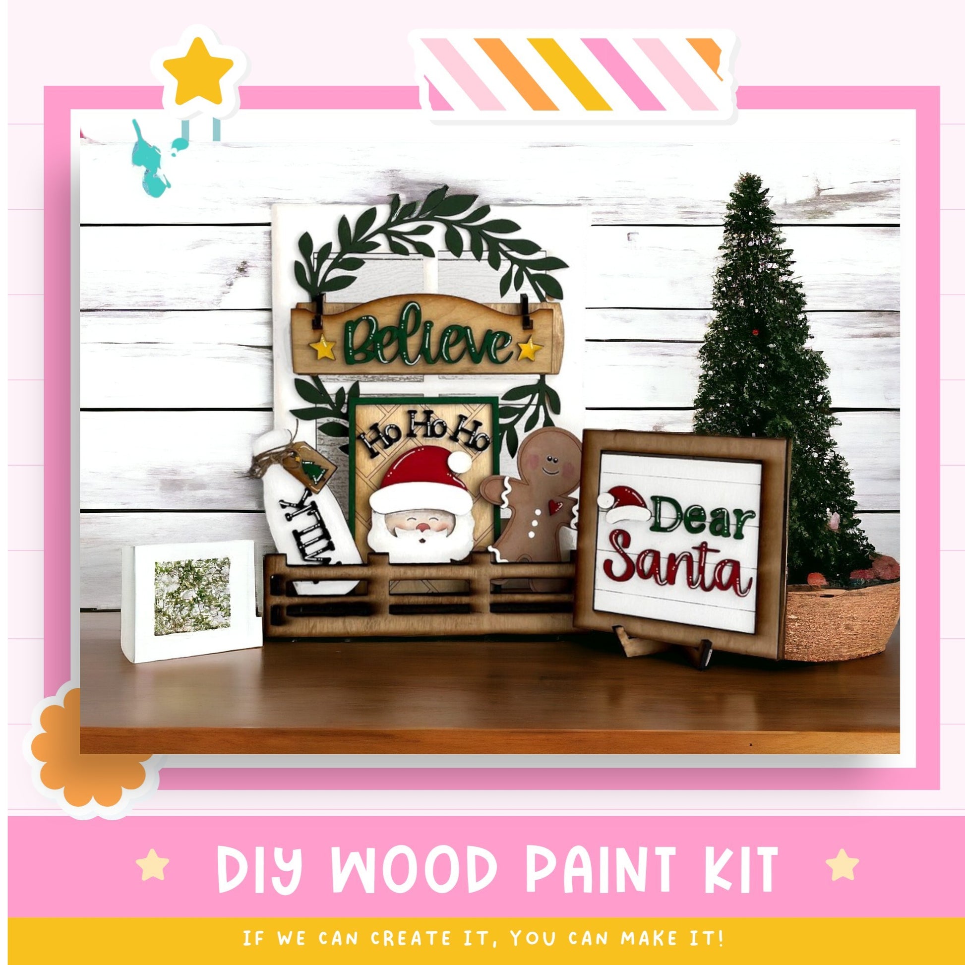 a picture of a wooden santa sign and other christmas decorations