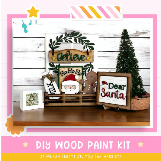 a picture of a wooden santa sign and other christmas decorations