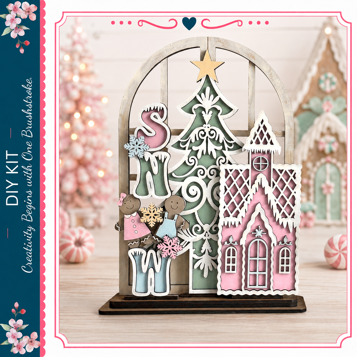 A wooden Christmas tree decoration with various ornaments, including a star, and a small house-like structure, all set against a blurred background of other holiday decorations.