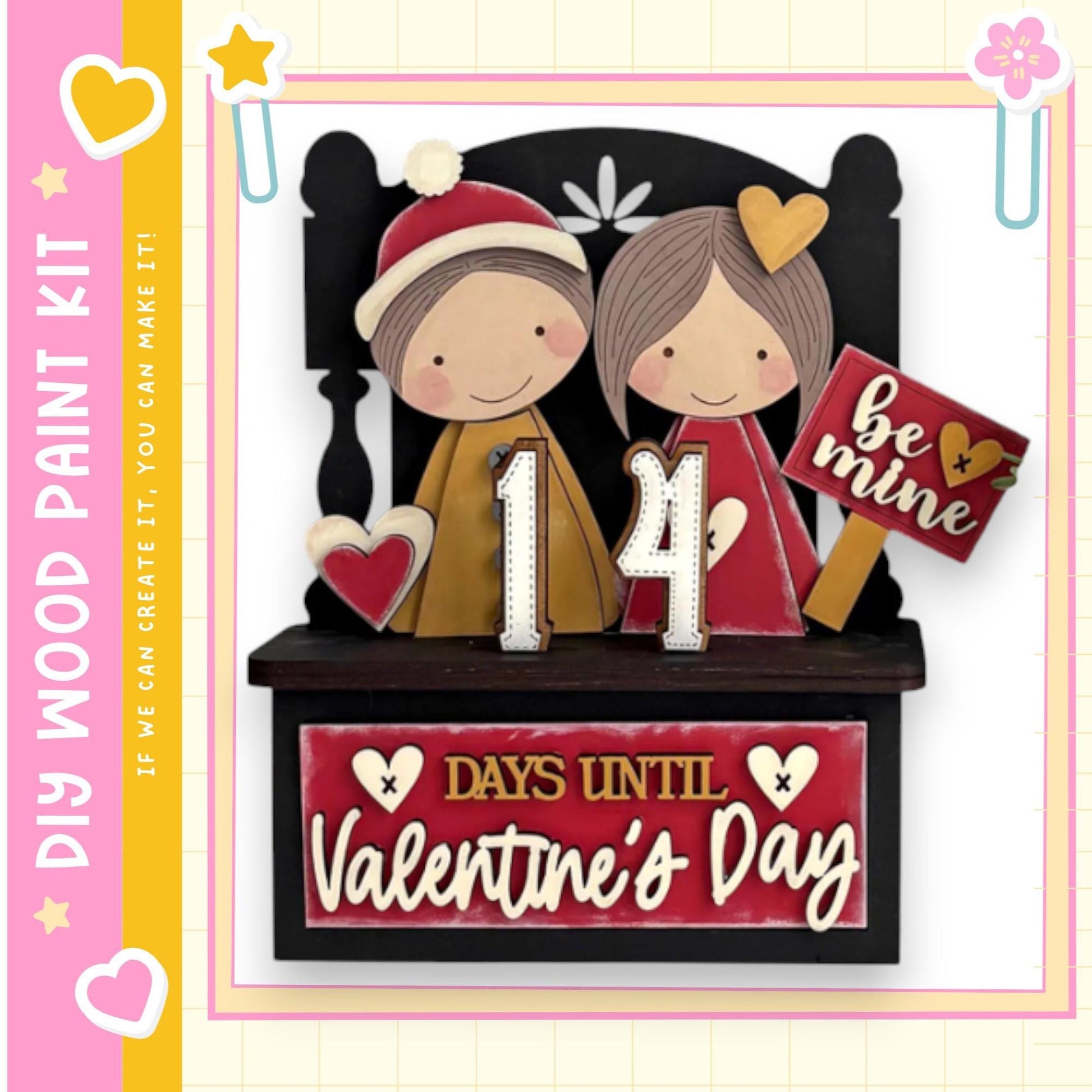 The image is a Valentine's Day-themed collage featuring a wooden frame with two cartoon-like figures, a sign, and a red banner with the number 14 and the text "DAYS UNTIL VALENTINE'S DAY".
