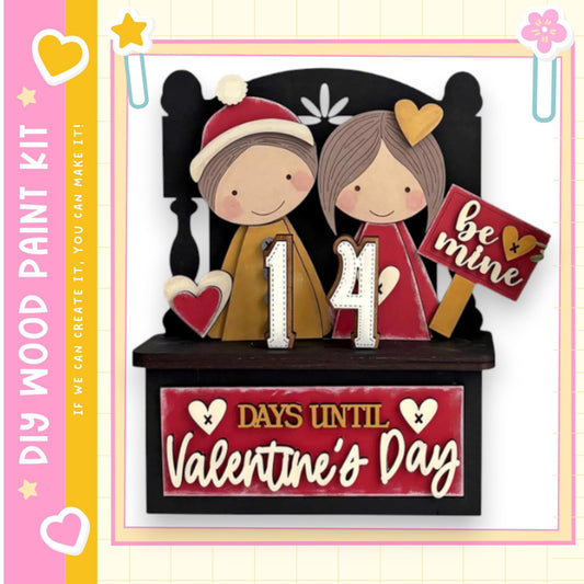 The image is a Valentine's Day-themed collage featuring a wooden frame with two cartoon-like figures, a sign, and a red banner with the number 14 and the text "DAYS UNTIL VALENTINE'S DAY".