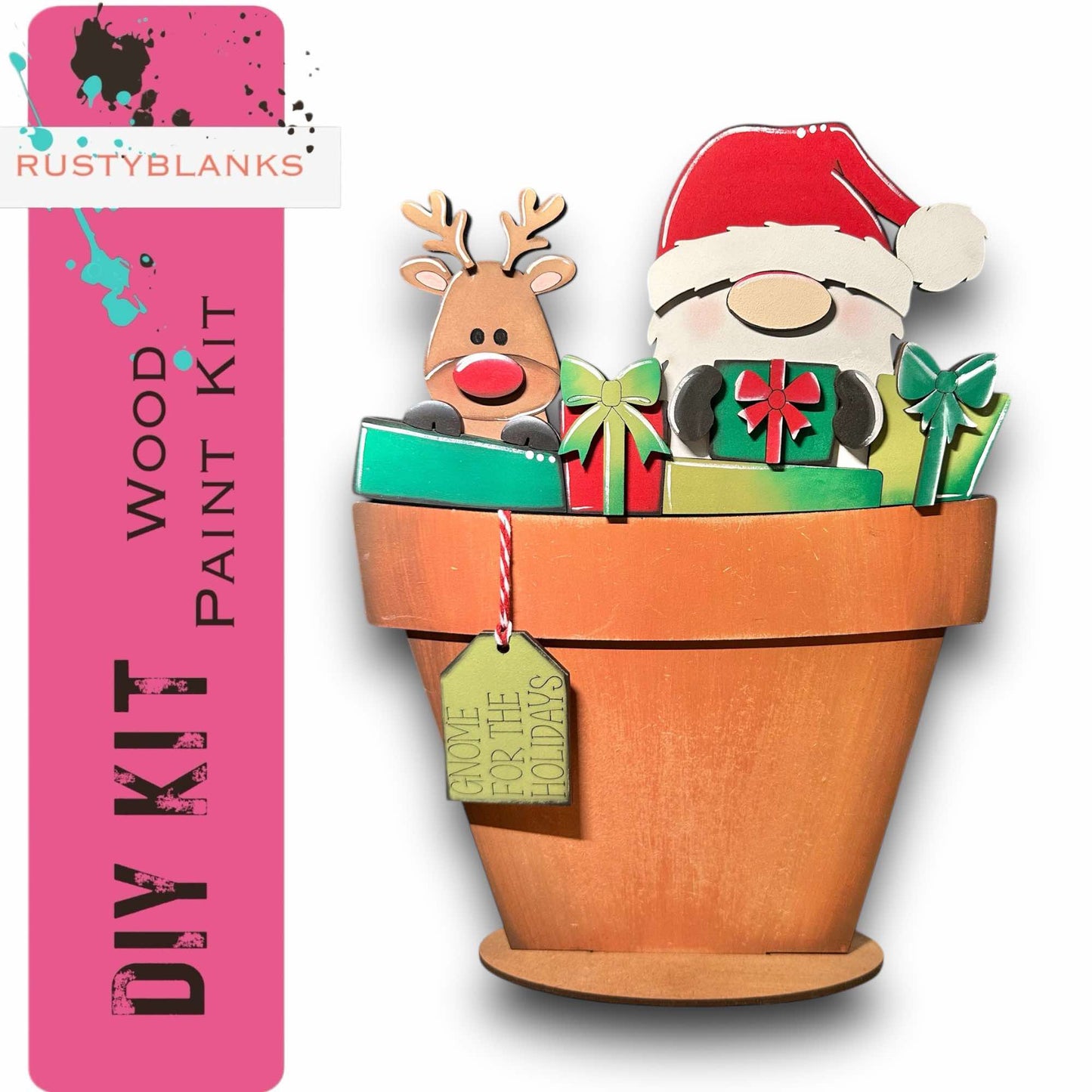 a wooden plant pot with christmas decorations in it