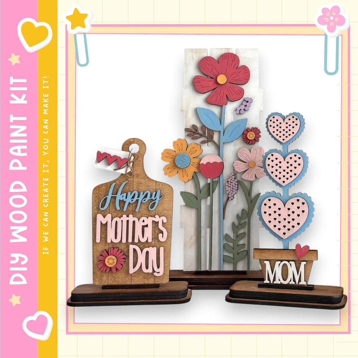 a wooden display with various decorative elements, including a sign that says "Happy Mother's Day" and a heart-shaped sign that says "MOM". The display is set against a white background, and there are additional decorative elements such as flowers and hearts around the display.