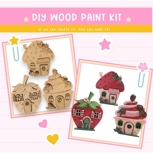 a picture of a wooden craft kit with pictures of houses and strawberries