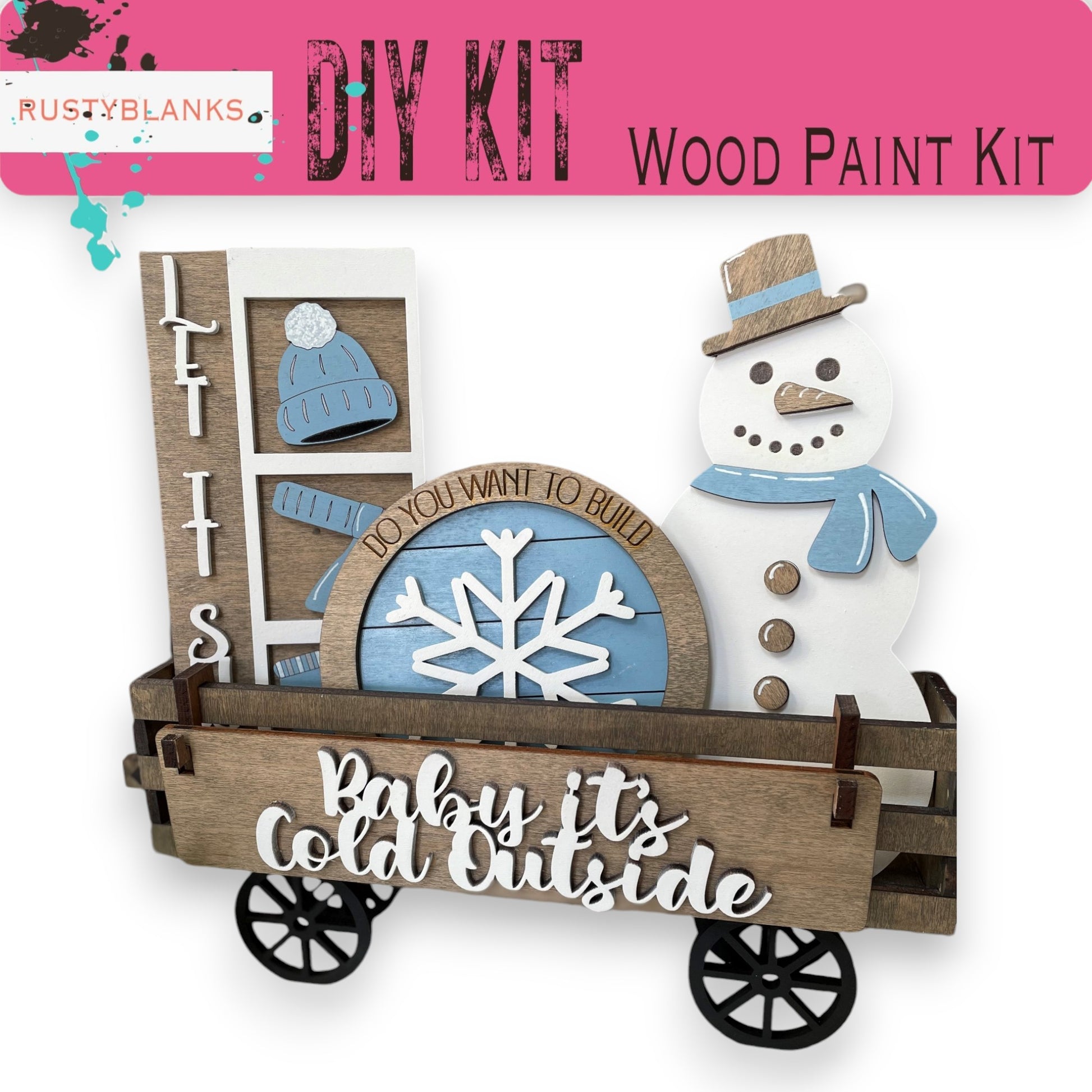 a wooden craft kit with a snowman in a wagon