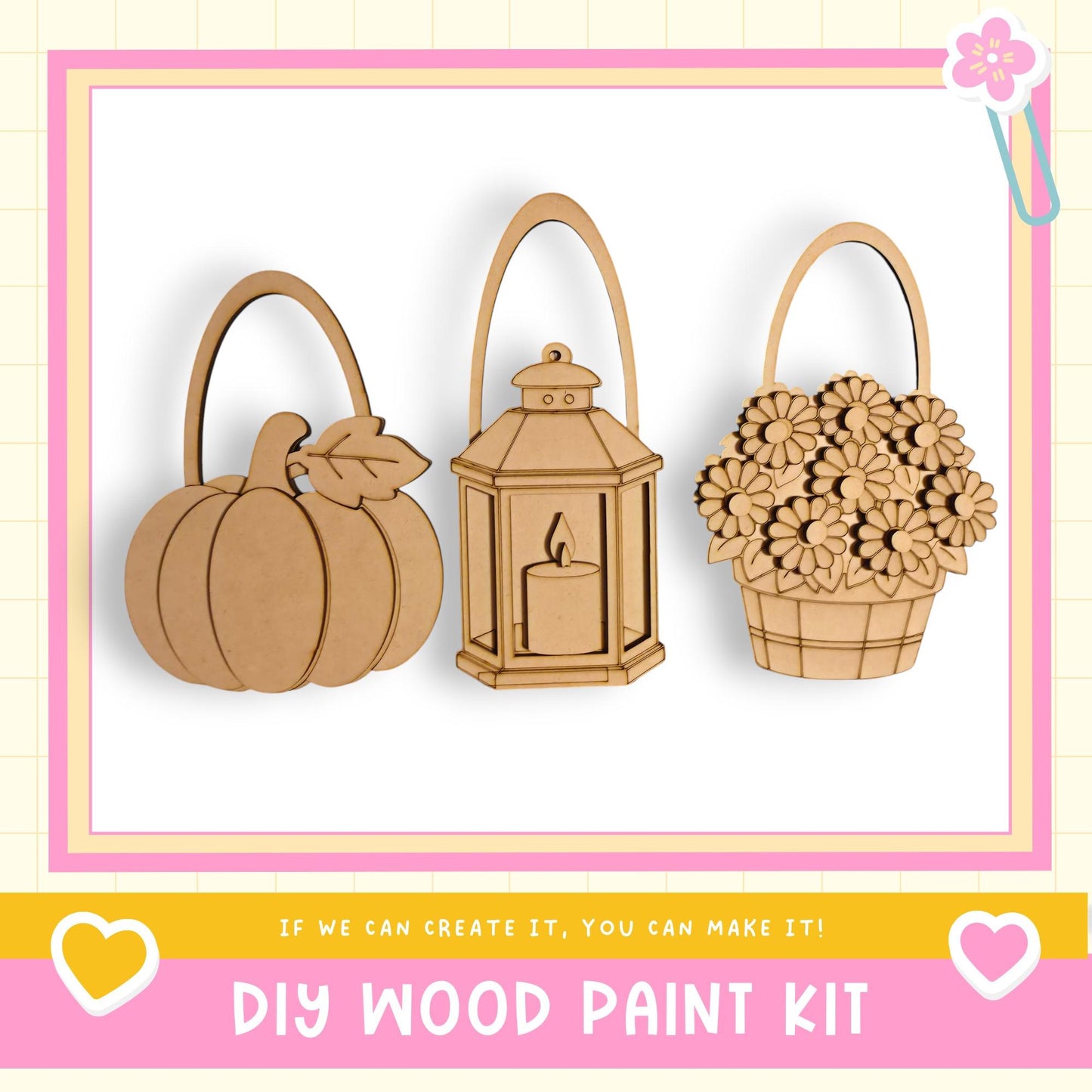 a DIY wood paint kit with three wooden baskets and a lantern, all hanging on a wall.