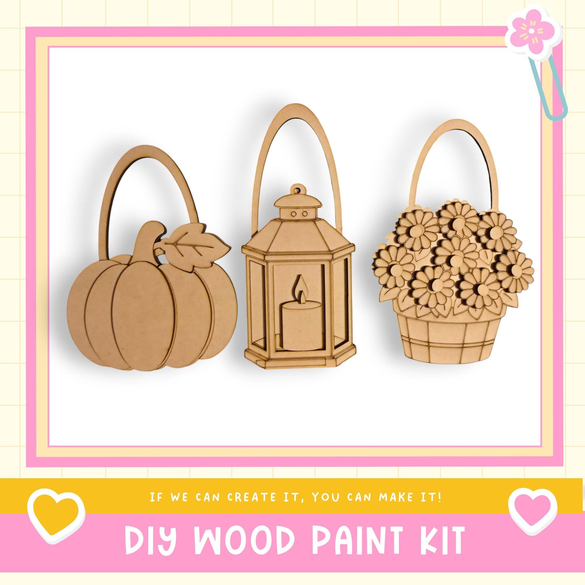 a DIY wood paint kit with three wooden baskets and a lantern, all hanging on a wall.