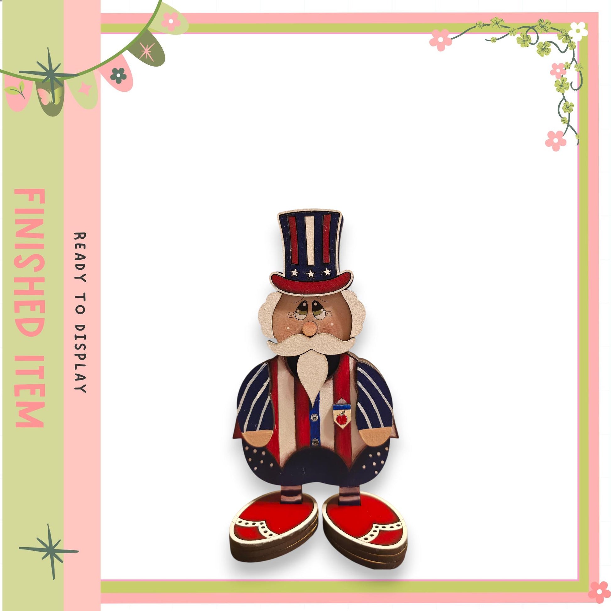 A wooden figure of Uncle Sam wearing a top hat and striped suit, standing against a white background.