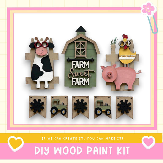 The image is a collage of various farm-themed items, including a barn, a cow, a pig, and a tractor, all made of wood and painted in different colors.