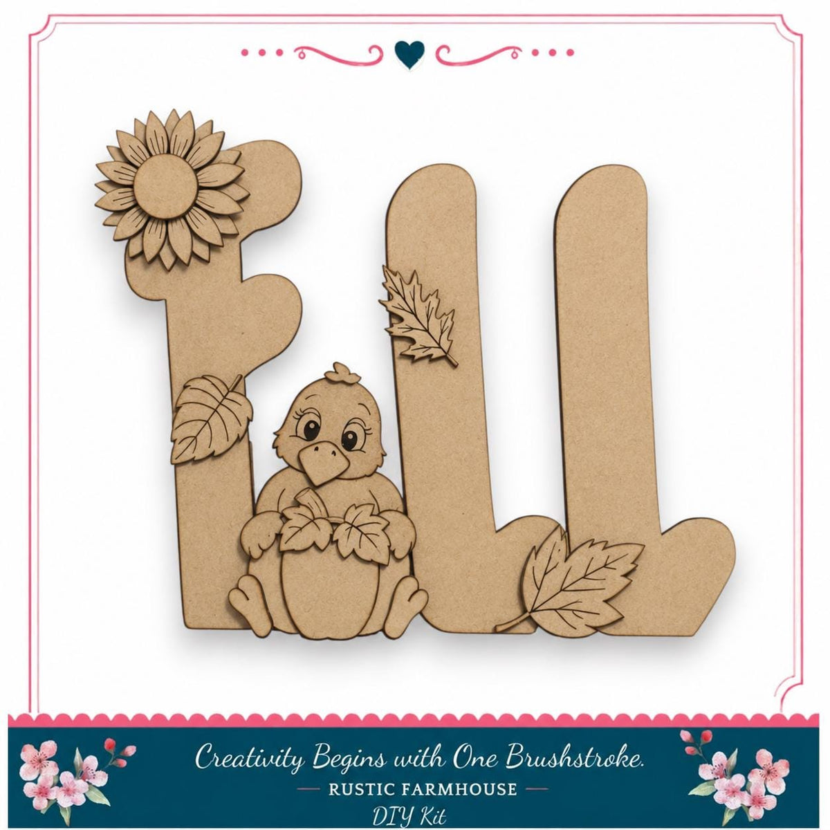 A DIY kit for creating a fall-themed decoration, featuring a bird holding a sunflower and leaves.