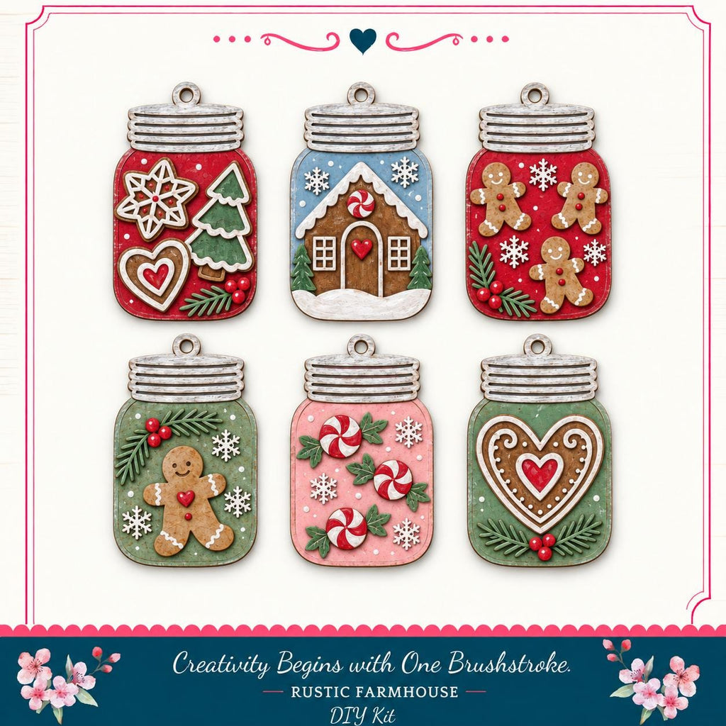 six decorative gingerbread house ornaments in mason jars, each with unique designs and patterns.