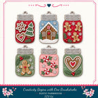 six decorative gingerbread house ornaments in mason jars, each with unique designs and patterns.