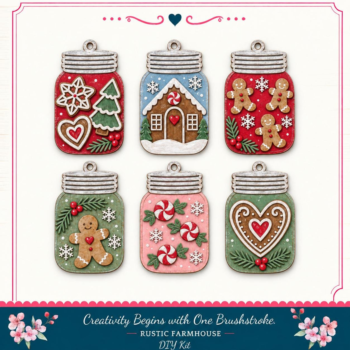 six decorative gingerbread house ornaments in mason jars, each with unique designs and patterns.