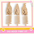 three wooden gnome-shaped ornaments, each with a unique design, displayed against a white background.