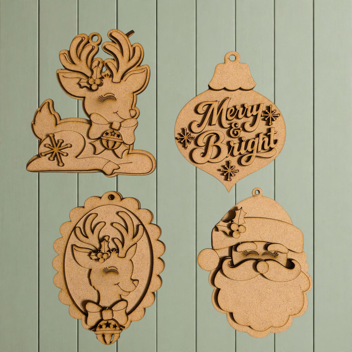 four wooden ornaments, each with a unique design, displayed against a light green background.