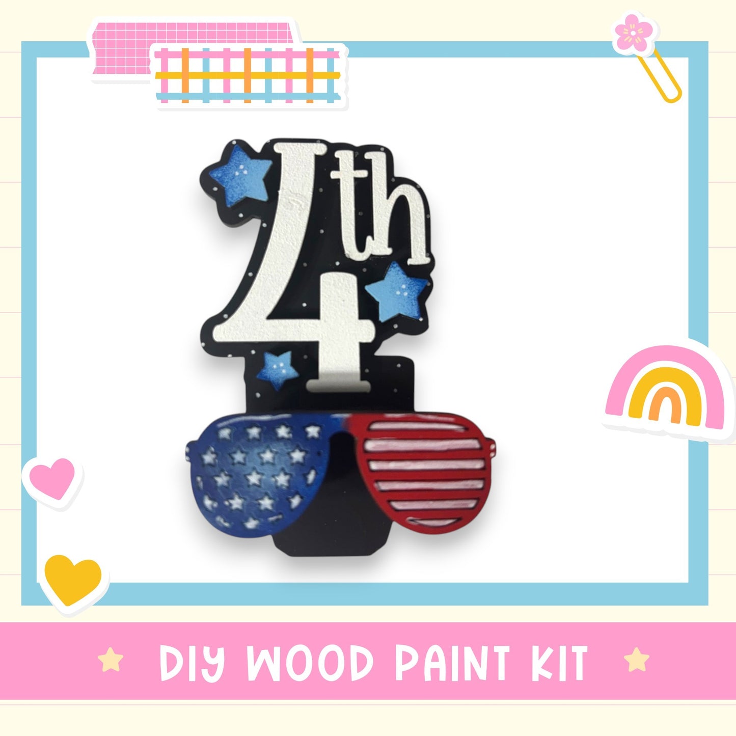 a DIY wood paint kit with a pair of sunglasses and stars as the main decorative elements.