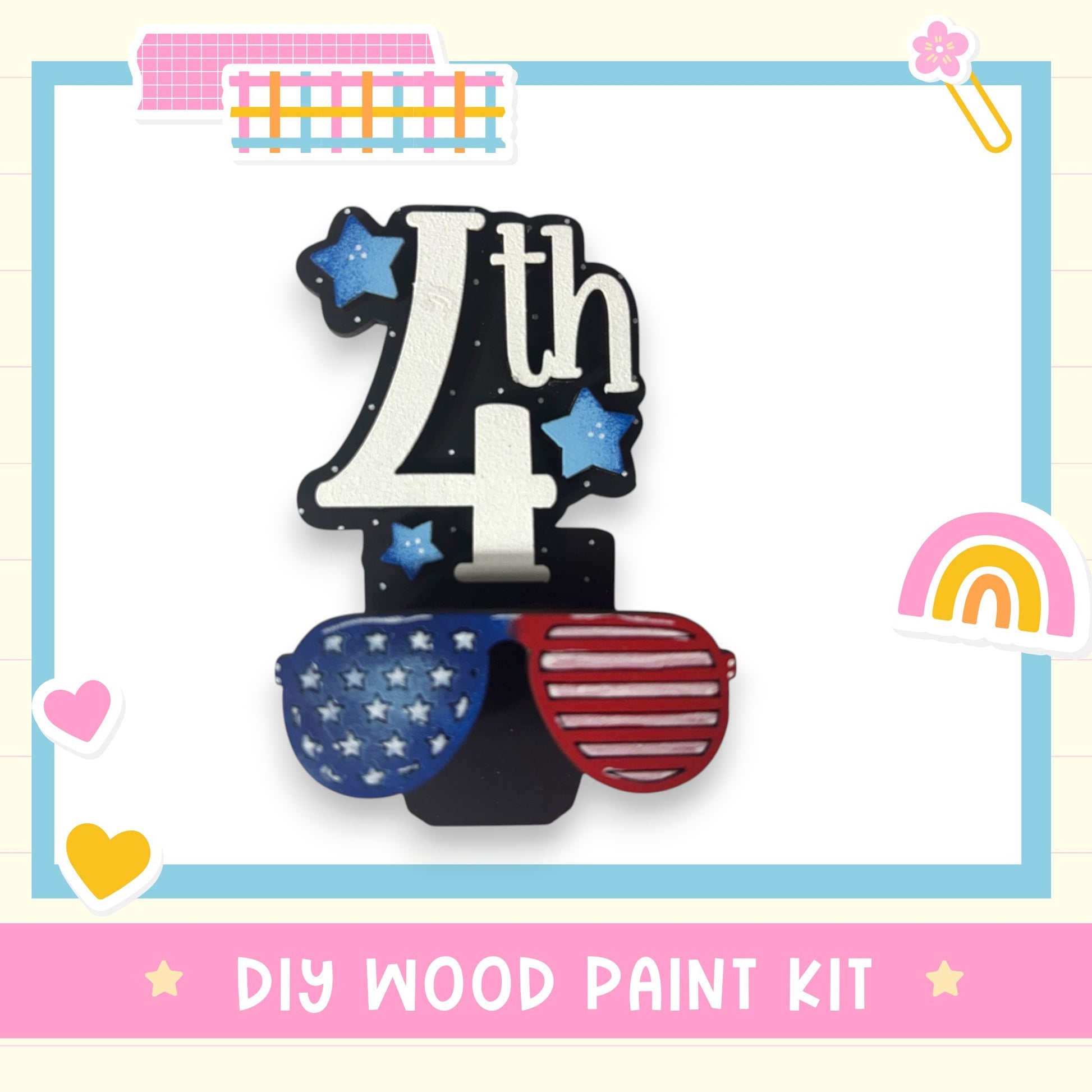 a DIY wood paint kit with a pair of sunglasses and stars as the main decorative elements.