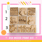 The image is a promotional poster for a DIY wood paint kit, featuring various wooden shapes and text that can be used for creative projects.