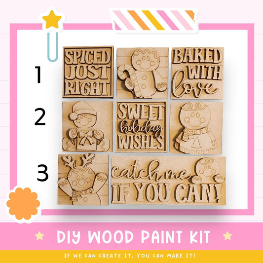 The image is a promotional poster for a DIY wood paint kit, featuring various wooden shapes and text that can be used for creative projects.