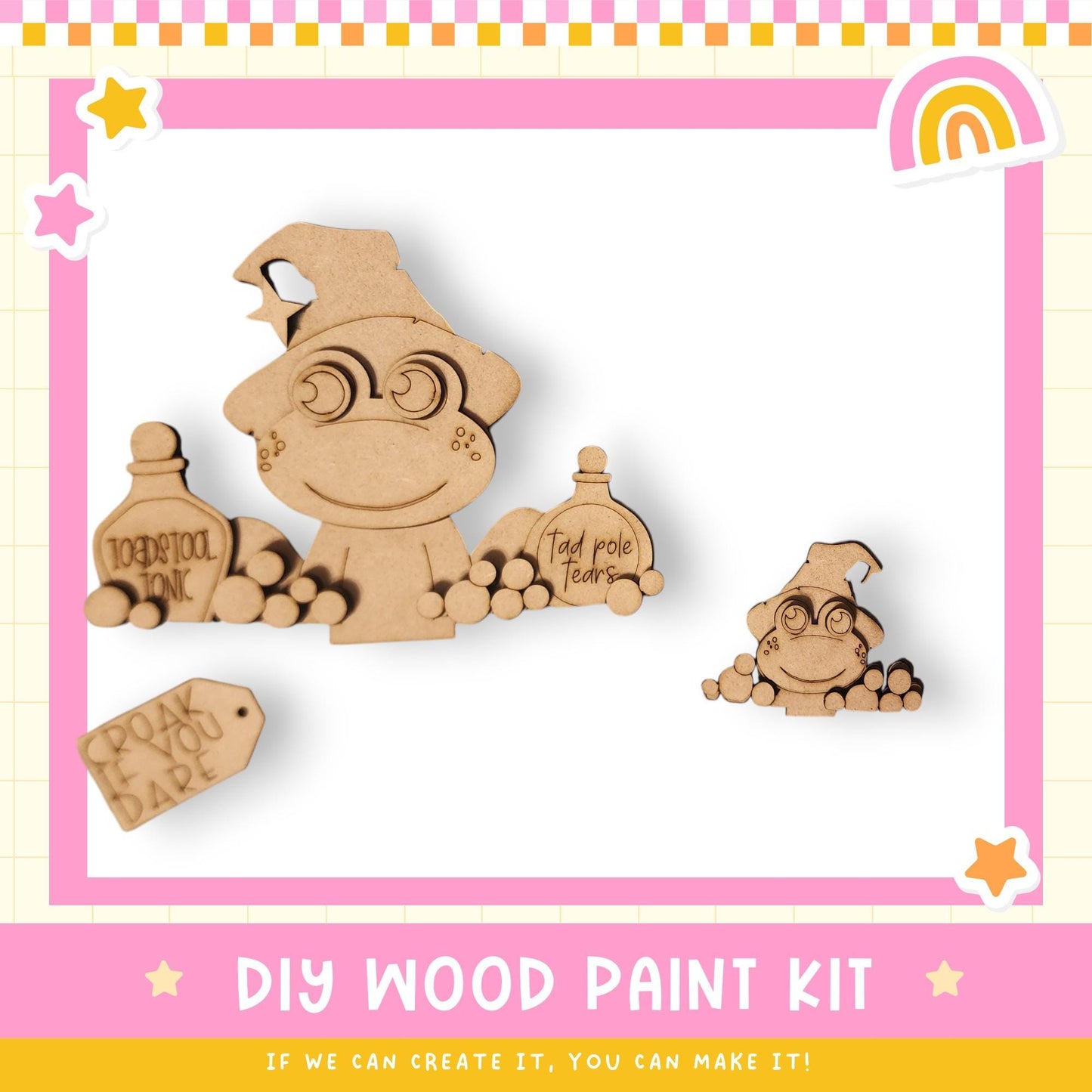 a DIY wood paint kit with a cute frog and other wooden toys, along with a tag that says "Crack 'em if you dare".