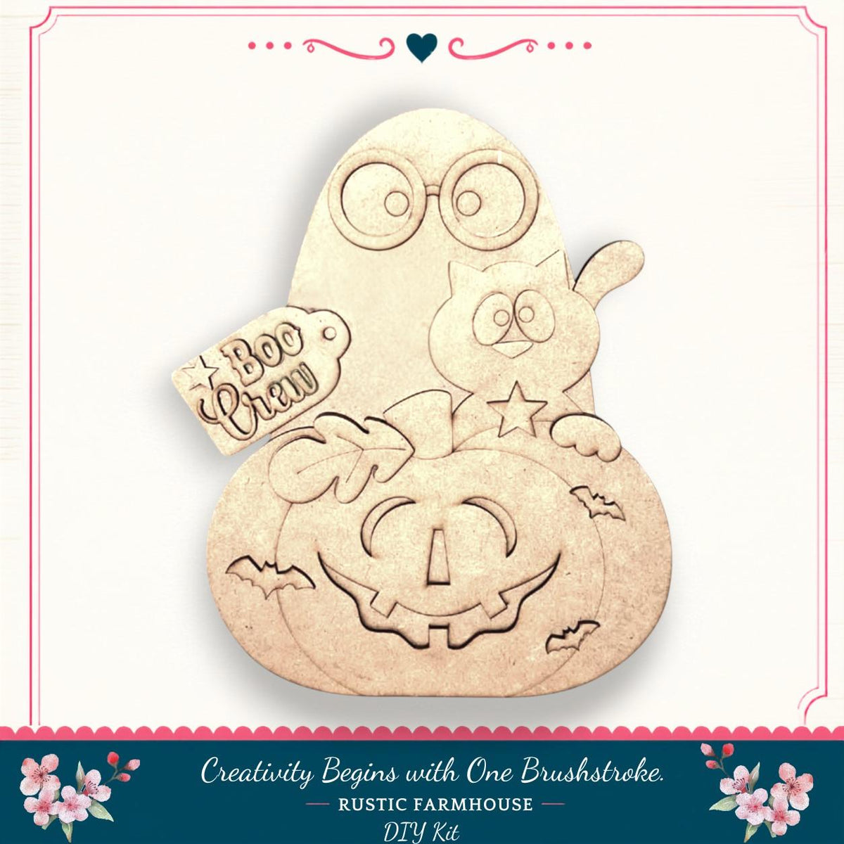 a Halloween-themed DIY kit, including a carved pumpkin, a cat, and a ghost. The kit is designed to spark creativity and is available at Rustic Farmhouse.