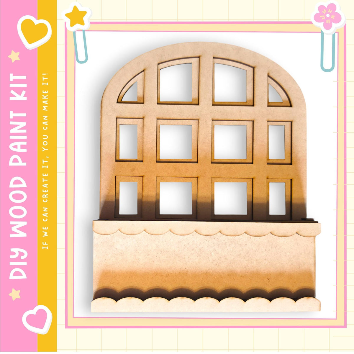 a wooden shelf or cabinet with a curved top and multiple rectangular panels.