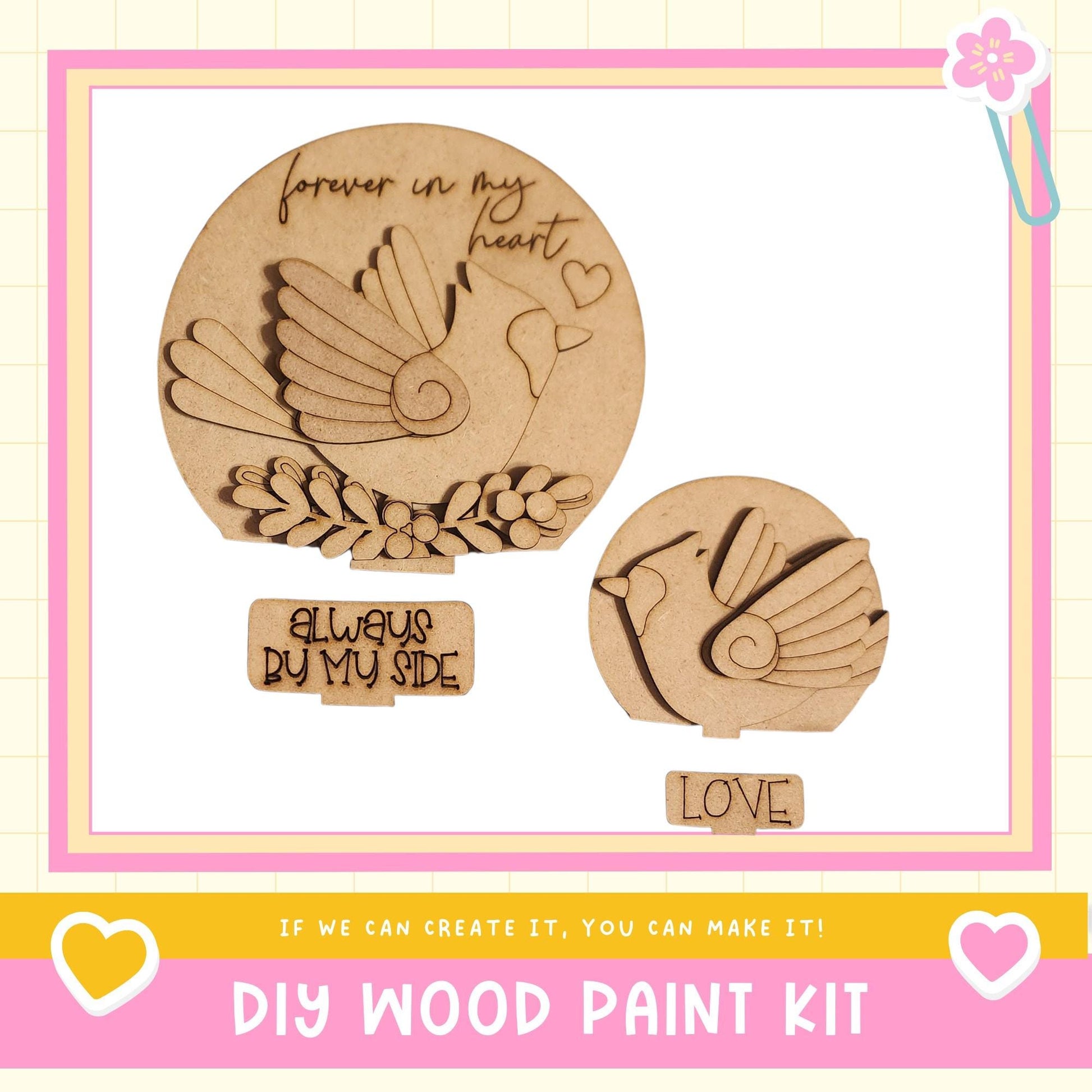 a DIY wood paint kit with a bird-shaped cutout and a heart-shaped cutout, along with a motivational message.