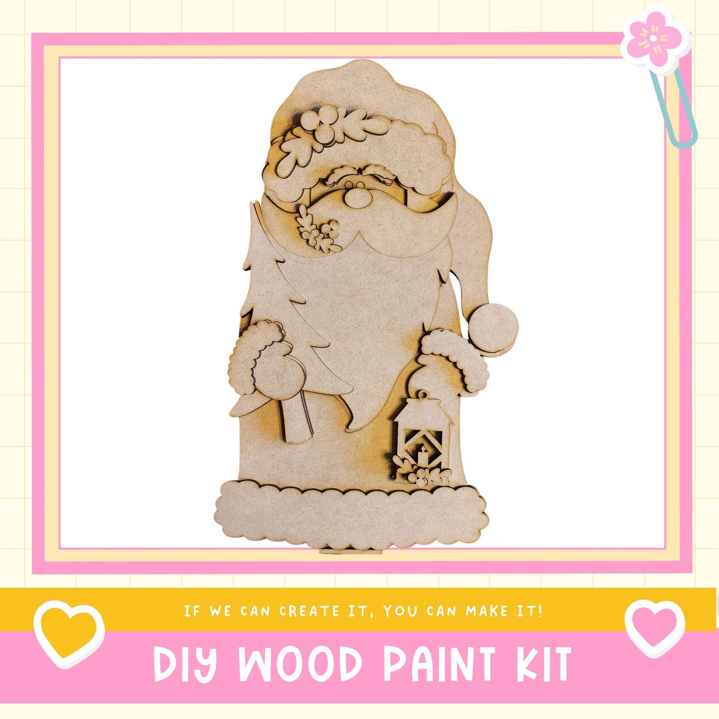 a DIY wood paint kit, with a wooden Santa Claus figure as the main focus. The kit appears to be made of wood and is designed for creating wooden decorations or figures.