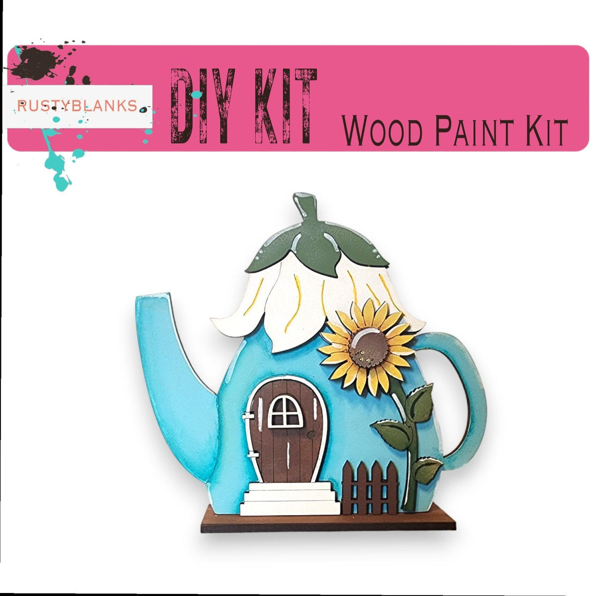 a blue teapot with a sunflower on top of it