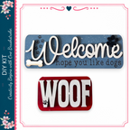 two signs, one with the word "Welcome" and the other with the word "Woof", both featuring dog-related designs.