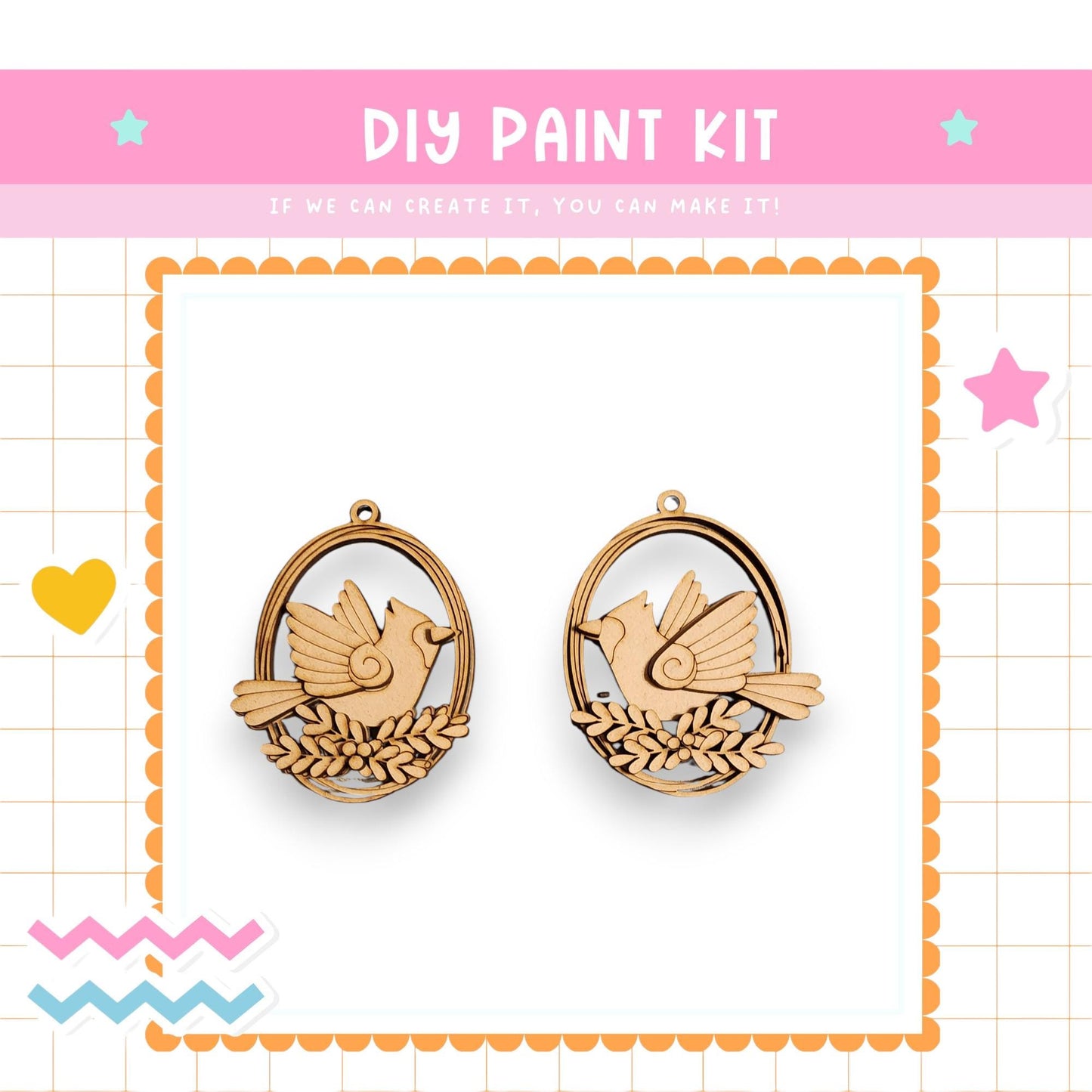 a DIY paint kit with two wooden bird ornaments hanging from a circular frame. The kit appears to be a creative project for crafting, as indicated by the text "DIY PAINT KIT" and "If we can create it, you can make it!"