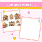 The image is a DIY wood paint kit advertisement, featuring various wooden ornaments and a blank space for creating custom designs.