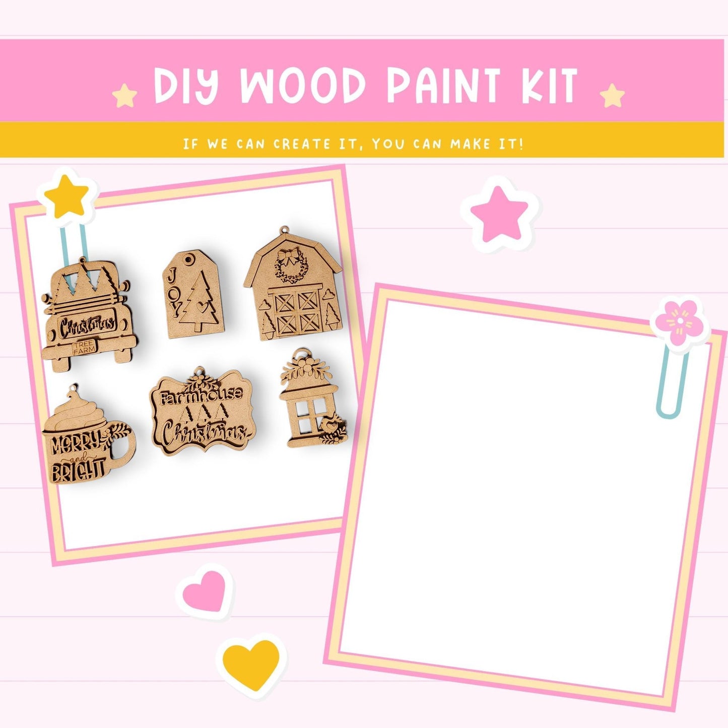 The image is a DIY wood paint kit advertisement, featuring various wooden ornaments and a blank space for creating custom designs.
