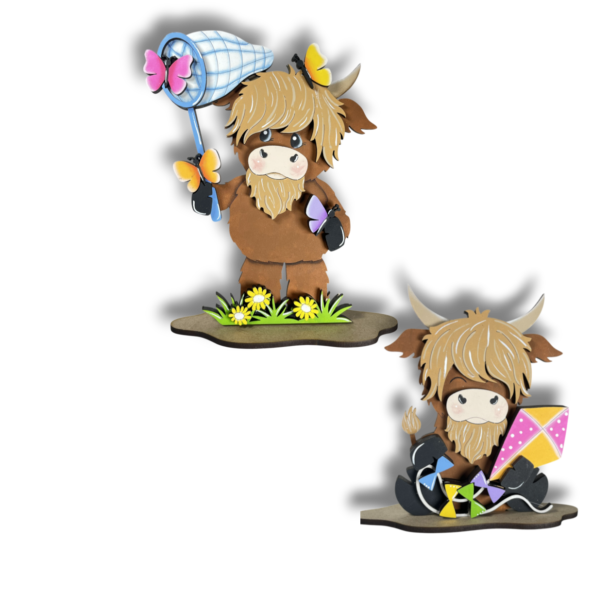 two cartoon cows, one standing and one sitting, each holding a different object. The cow standing is holding a butterfly net, while the cow sitting has a kite.