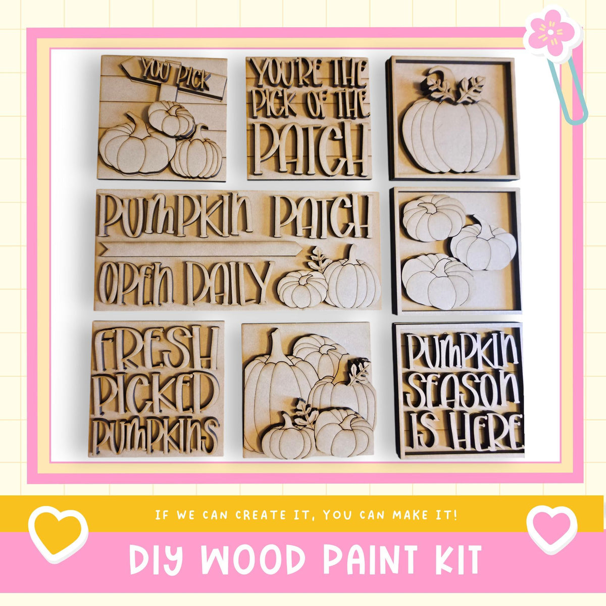 The image is a DIY wood paint kit featuring various wooden cutouts of pumpkins and text related to pumpkin carving and harvest season.