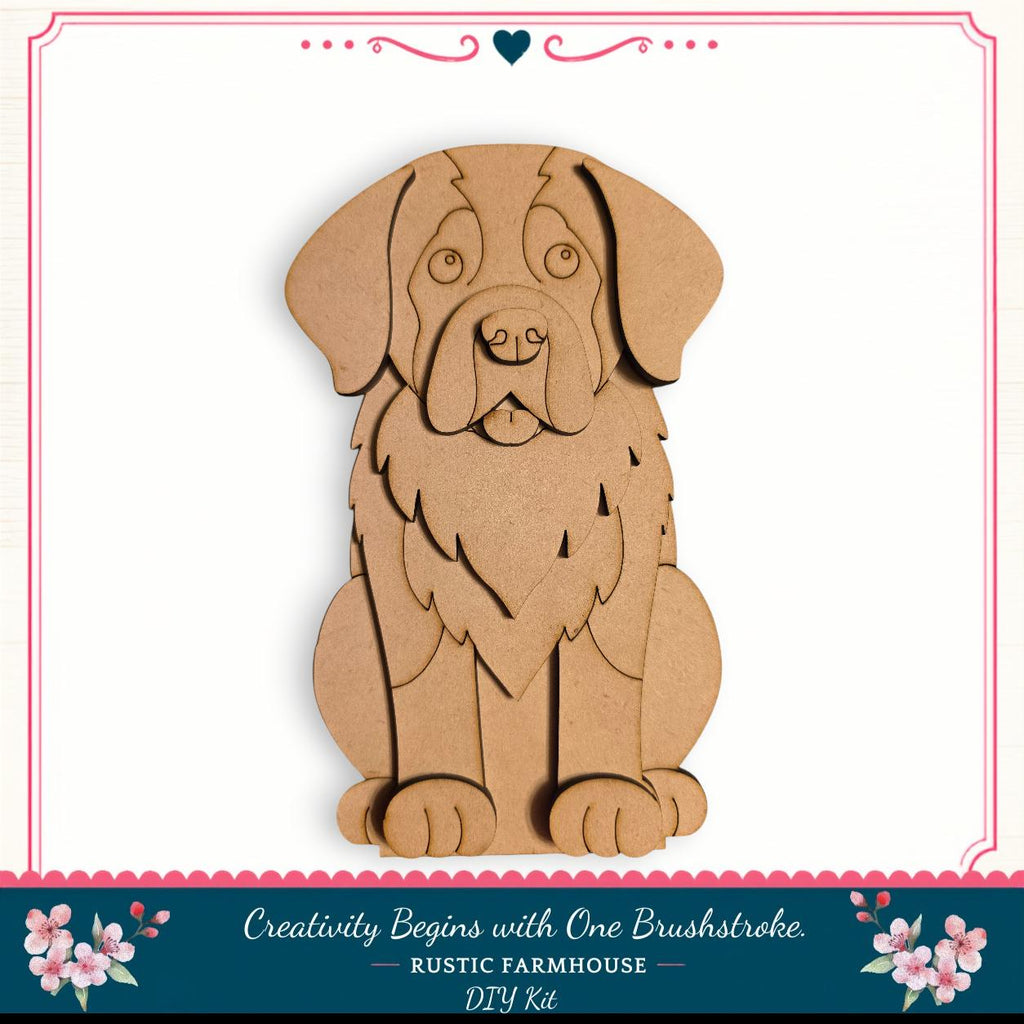 A wooden cutout of a dog, likely a Saint Bernard, is displayed against a white background.