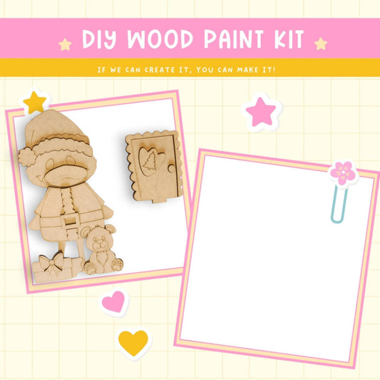 a wooden craft kit with a picture of a girl and a bear