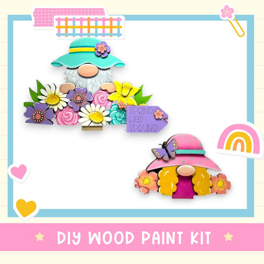 a picture of a wooden craft kit with flowers and a gnome