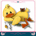 A yellow duck with a flower on its back and a butterfly on its back is depicted in the image.