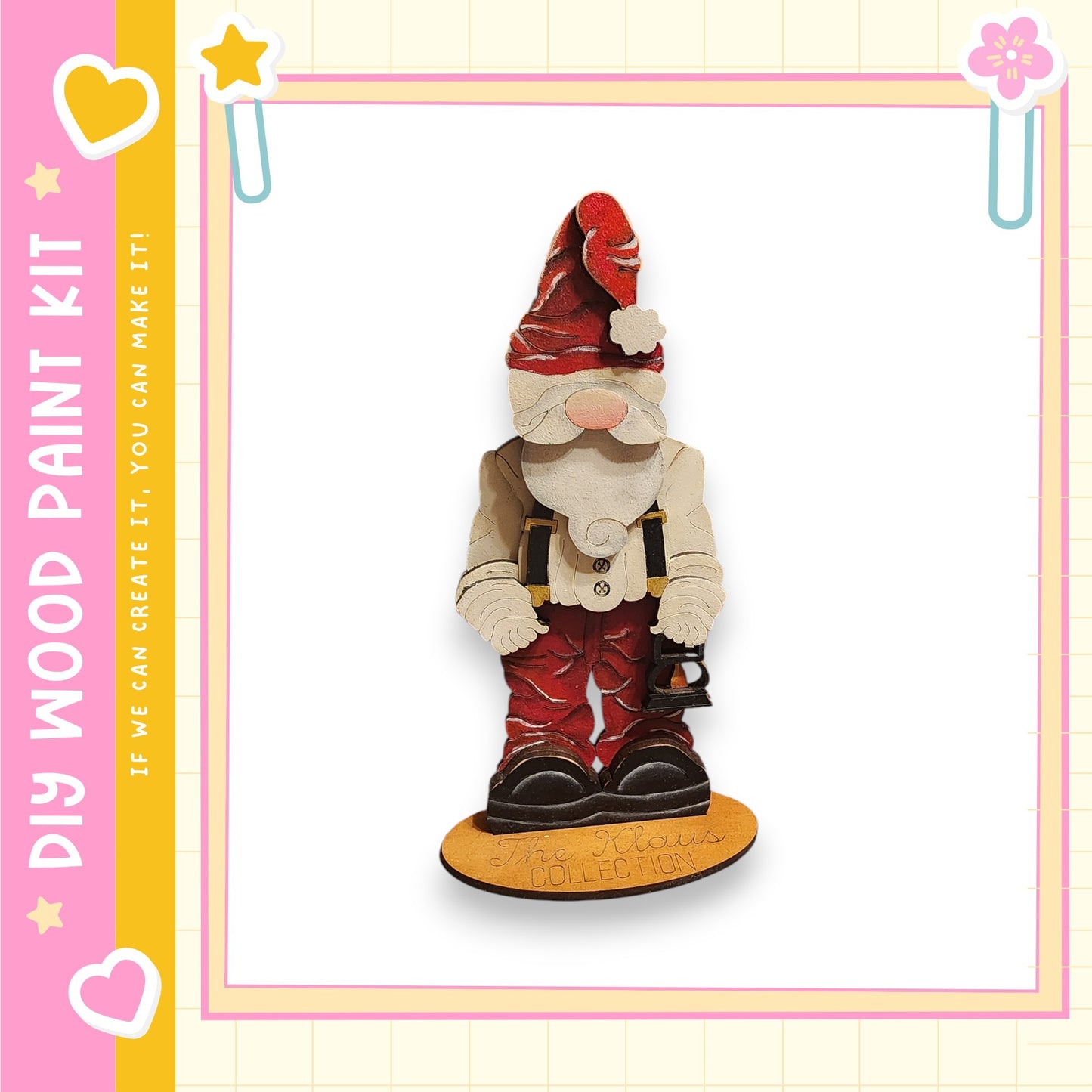 A wooden gnome figurine wearing a red hat and holding a lantern, standing on a wooden base.